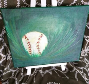9x12 Painting Baseball Grass Acrylic Stretched Canvas OOAK Sports Dad Father - Picture 1 of 6