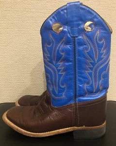 Old West Square Toe Leather Western Boots - 11", Rust & Blue, Unisex Kids Sz 4.5 - Picture 1 of 12