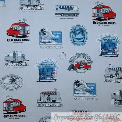 BonEful Fabric FQ Cotton Quilt Gray Red White Blue Man Antique Car Truck Camper - Image 1 of 4