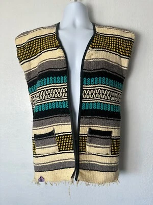 Vintage 60s 70s Mexican Serape Baja Striped Blanket Poncho Vest - Image 1 of 4