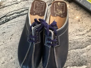 Vintage Navy Blue Leather Wooden Bottom Clogs 8 38EU Hippie Boho - Picture 1 of 18