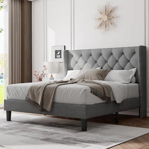 Full Size Bed Frame with Upholstered Wingback Headboard, Platform Bed and Heavy - Picture 1 of 7