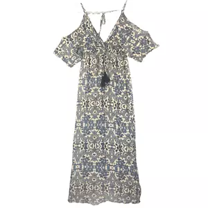 Maxi Abito Sage Donna S Blu Avorio Rayon Floreale Spalla Fredda Vita Elastica - Foto 1 di 7