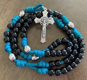 Paracord Rosary, Stainless steel/Black Beads Catholic Rosary, Rugged—Handmade - Picture 1 of 9