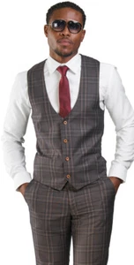 Slim Fit Men's Dress Vest Bronze Windowpane Round Collar 4 Buttons 35071 AZARMAN - Picture 1 of 6