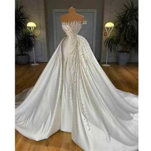 Luxury Mermaid Pearl Wedding Dresses Strapless Detachable Satin Bridal Gowns - Picture 1 of 11