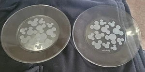 Two Vintage Disney 8” Glass Salad Plates Etched Mickey Ears Logo, Rare! - Picture 1 of 2