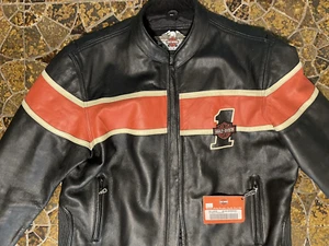 Harley Davidson Men VICTORY LANE Leather Jacket Orange Stripe #1 Racing XXL - Picture 1 of 7