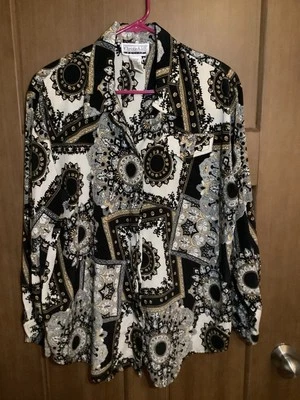 Blusa vintage Christie & Jill para mujer manga larga negra gris crema dorada talla L Foto 1 de 4