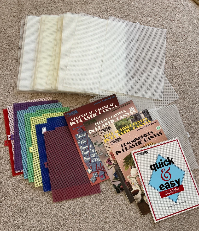 Plastic Canvas Lot, 7 & 10 Darice Mesh Sheets, Leisure Arts Books Clear, Colors - Image 1 of 1