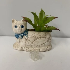 Maceta reutilizable de colección dispensadora de cinta para gatos cerámica blanca gatito ojos azules años 80 - Imagen 1 de 12