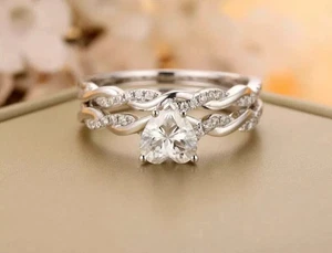 1.50 Ctw Heart Lab Created Diamond 14K White Gold Plated Wedding Band Ring Set - Picture 1 of 5