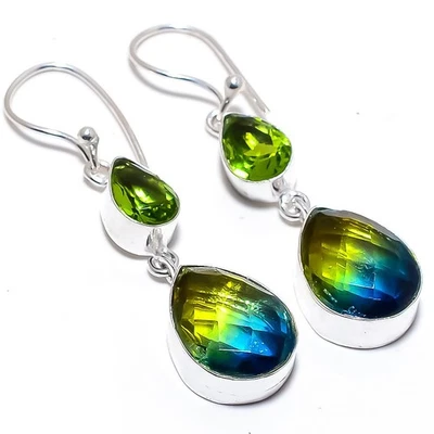 Bi-Color Tourmaline, Peridot Gemstone 925 Sterling Silver Jewelry Earring 1.8" - Image 1 of 4