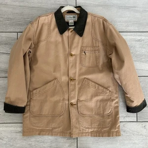 LL Bean Barn Jacket Mens Size L Canvas Chore Coat Tan Corduroy Collar Wool Lined - Picture 1 of 12
