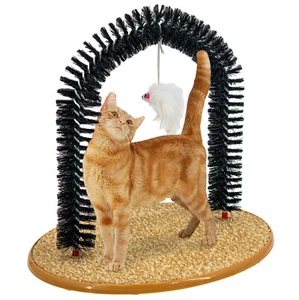 Cat Self Grooming Arch Toy Post w Mouse Toy, Bristle Brush Catnip Scratching Pad - Picture 1 of 11