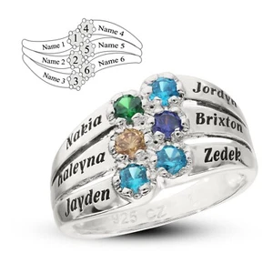 Mother's Family Ring Solid Silver 6 Birthstones 6 Names Engraved Keepsake Gift - Picture 1 of 12