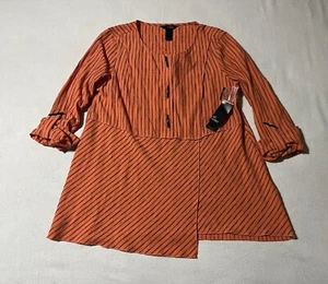 NWT Ali Miles Sz Medium Top Orange Striped Tunic Rayon Blend Roll Sleeve - Picture 1 of 9