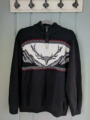 Chaps Mens XL Sweater Half Zip Deer Black Cotton Nordic Ski Fair Isle 1/4 1/2 - Image 1 of 4
