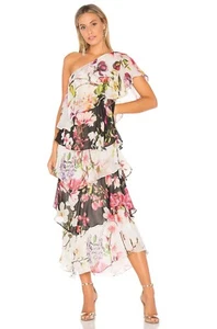 Rococo Sand Dress M Tiered Floral One Shoulder Ruffle Pink Black White Women’s - Picture 1 of 12