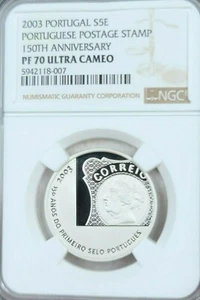 2003 PORTUGAL SILVER 5 EURO 1ST POSTAGE STAMP ANNIV NGC PF 70 ULTRA CAMEO POP 1 - Picture 1 of 4