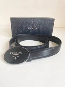 PRADA BLACK SAFFIANO LEATHER WITH BLACK & SILVER PLATE BELT SIZE 36/90 UK M/L - Picture 1 of 3