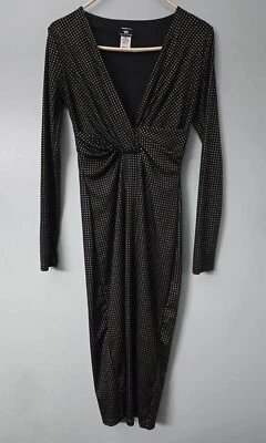 VA VA Voom Long Sleeve Dress Black Gold Dots Plunging Front Midi Size Small - Image 1 of 4