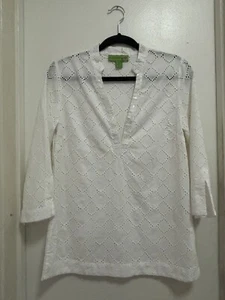 Island Republic Eyelet Long V Neck Sequins 3/4 Slit Sleeves Tunic Blouse Sz S - Picture 1 of 10