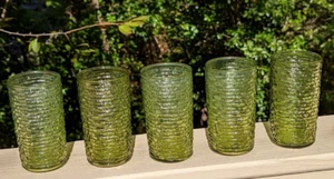 5 VTG ANCHOR HOCKING AVOCADO GREEN SORENO HIGHBALL PRESSED BARK GLASSES 5" - Picture 1 of 6