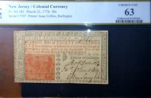 1776 PCGS MS63 Colonial 30 Shilling US Note NICE CH CU New Jersey Currency NR - Picture 1 of 4