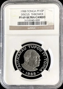 1988 PLATINUM TONGA 10 PA'ANGA COIN DISCUS THROWER OLYMPICS NGC PROOF 69 UC - Picture 1 of 2