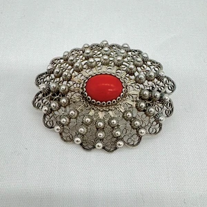 Vintage 800 Silver Filigree Brooch with Coral Cabochon - Picture 1 of 5