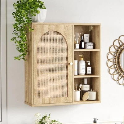 Mueble de pared de baño de ratán con puerta, gabinetes de pared de medicina boho con... Foto 1 de 4