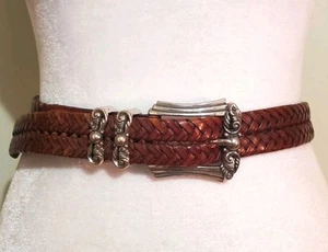 Brighton brown leather braided woven silver tone engraved buckle western belt M - Picture 1 of 10
