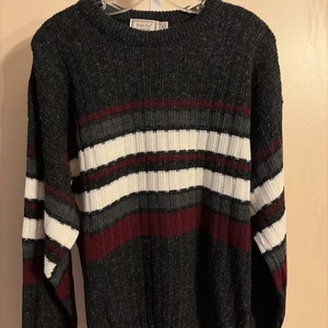 Vintage Maglione Bugle Boy Company multicolore manica lunga M a righe antracite morbido - Foto 1 di 16