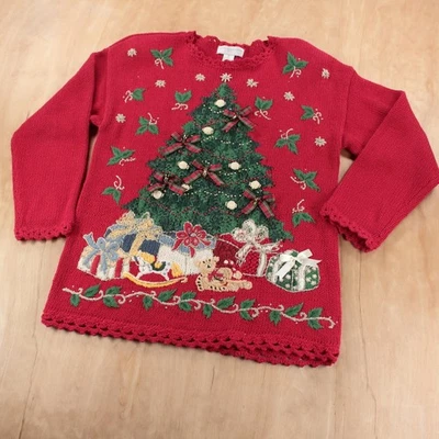 Suéter de vacaciones PETITE SOPHISTICATE tejido a mano feo árbol de Navidad años 90 de colección MEDIANO Foto 1 de 4