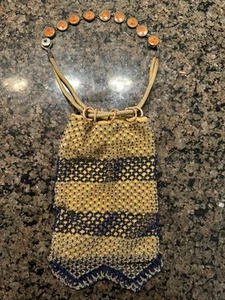 Vintage beaded pouch purse Blue & Gold crochet drawstring beggars bag - Picture 1 of 7