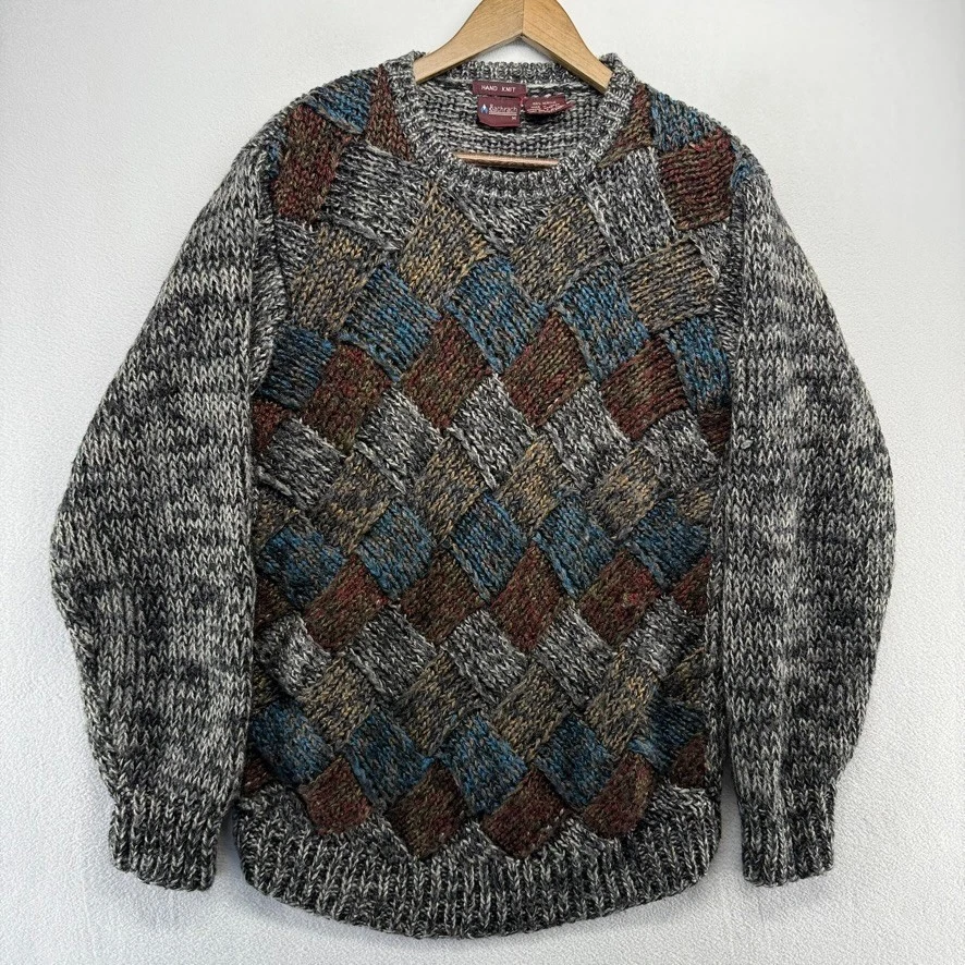 复古 Bachrach 毛衣男式中号灰色手工针织透视五颜六色的格子 — 第 1/4 张图片