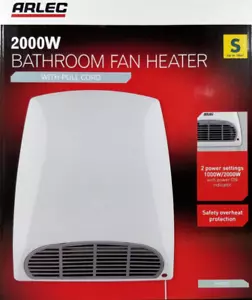 Arlec Bathroom Wall Mounted Fan Heater 2000W with Pull Cord 2 Heat Settings - Picture 1 of 4