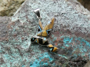 Hummingbird Sterling Silver Tiger's Eye & Opal Inlayed Large Size Pendant AH7 - Picture 1 of 8