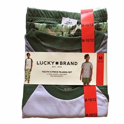 Lucky Brand New Boy's Size Medium 10/12 4 Pece PJ Set 2 Tee's Short & Pant  - Image 1 of 4