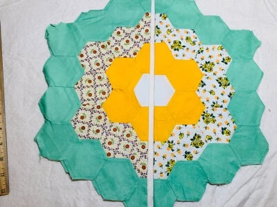 Antique Cotton Fabric 1930s Grandma's Garden 2 Quilt Blocks Hand Pc'd 16.5" - Image 1 of 4