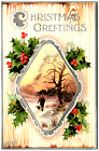 Embossed Christmas Postcard with Image of a Boy and his dog Walking in Woods