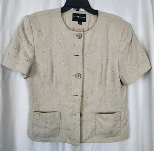 Vtg Sag Harbor Tan Floral Embroidered Short Sleeve 6 Button Linen Blazer Size 16 - Picture 1 of 8