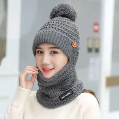 2 in 1 Women Bib Beanie Hat Pom Bobble Scarf Mask Set Knit Winter Warm Snow Cap - Image 1 of 4