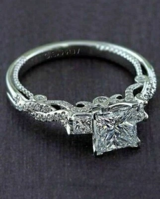 Помолвочное кольцо из белого золота 14 карат с бриллиантом огранки принцессы 2,85 карата имитация размера 7 - Изображение 1 из 3