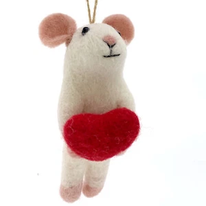 Love Mouse Ornament -Wool White Mouse Holding Heart Holiday Decoration - Picture 1 of 4