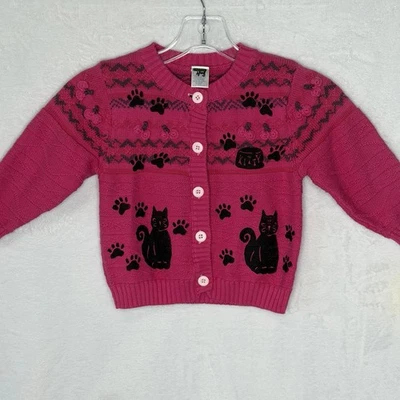 Gymboree HAND PAINTED Kitty Cat Pink Cardigan Size 4-5 Cat Lover 100% Cotton - Image 1 of 4