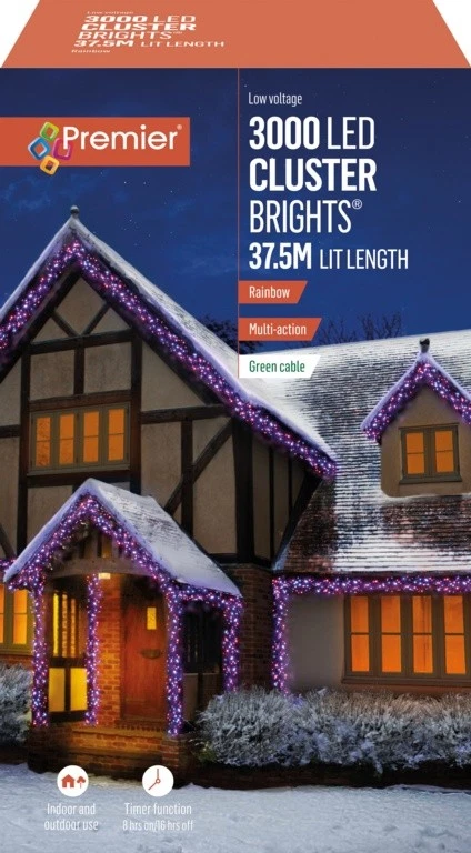 Premier 37.5M- 3000 LED Multi Action Christmas Cluster Brights Light-Green cable - Image 1 of 1