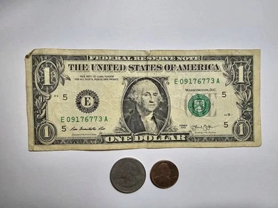 United States of America 1 Dollar Banknote, Quarter Coin & Penny Coin - Image 1 of 3