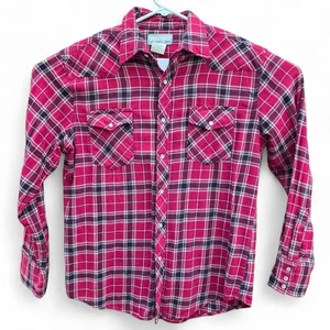 VTG Wrangler Wrancher Pearl Snap Shirt Red Plaid Western Cowboy Flannel L - Picture 1 of 6